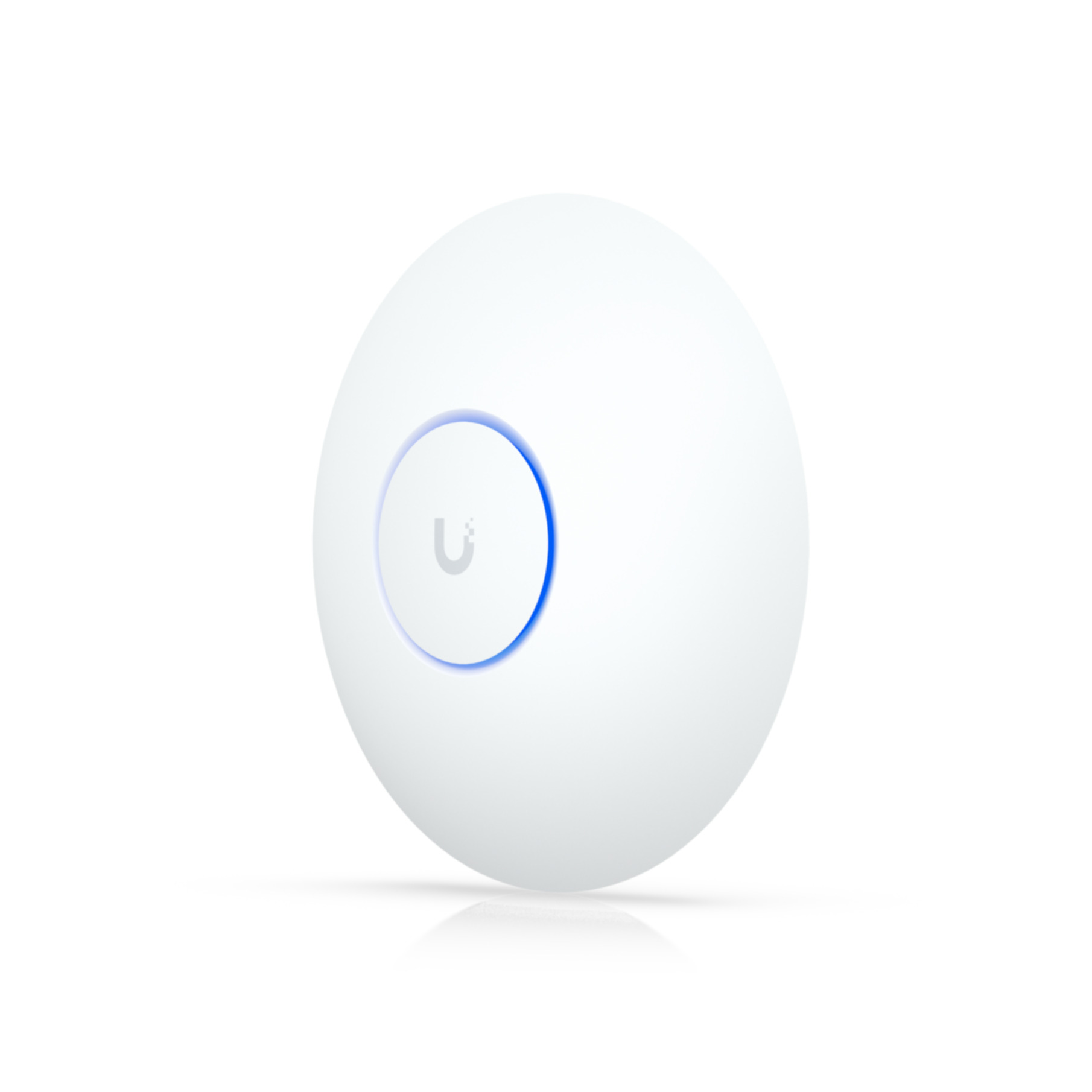 Appareil blanc et rond avec anneau et logo bleus, centré sur fond blanc.