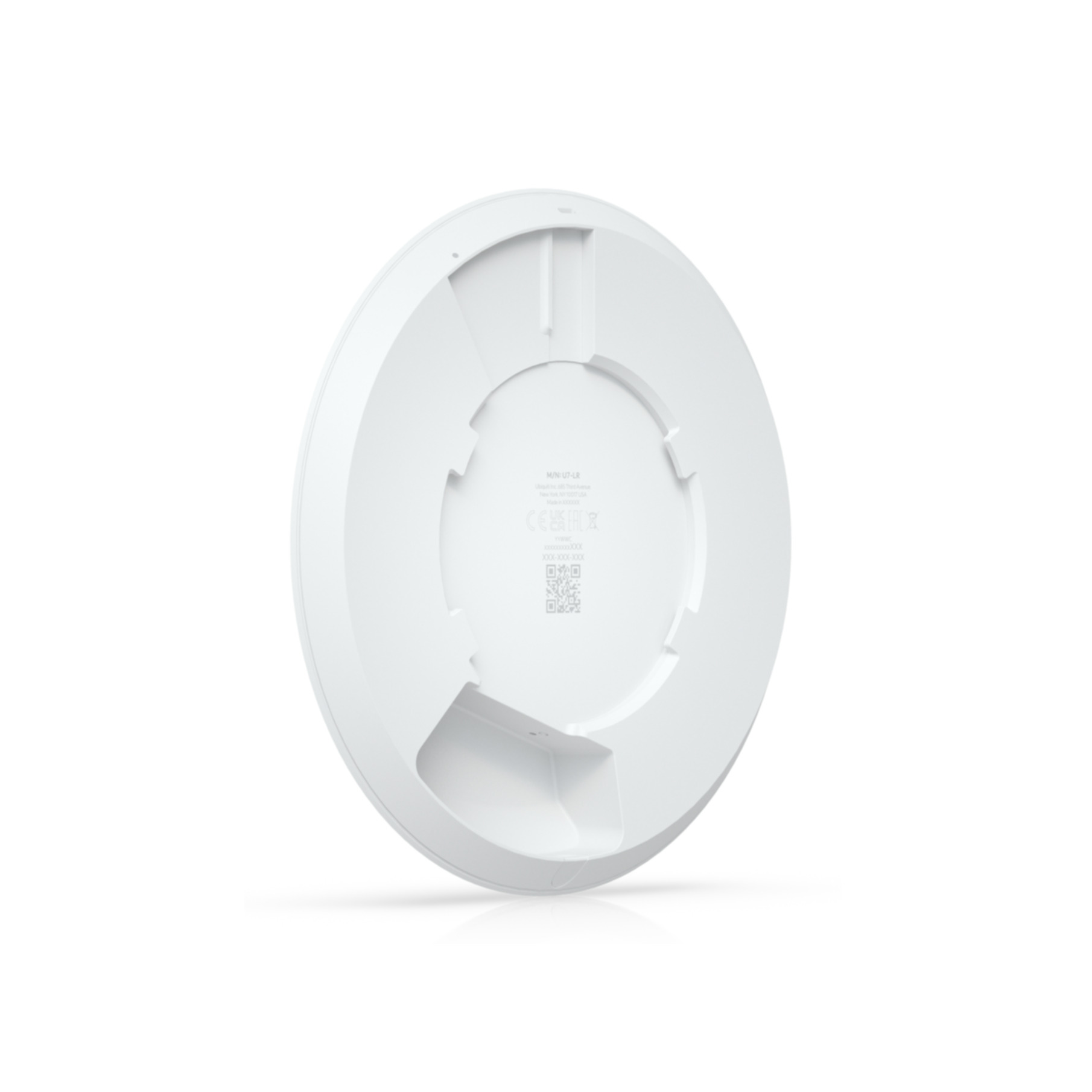Un point d'accès réseau blanc et rond avec un dos plat. Sur fond blanc.