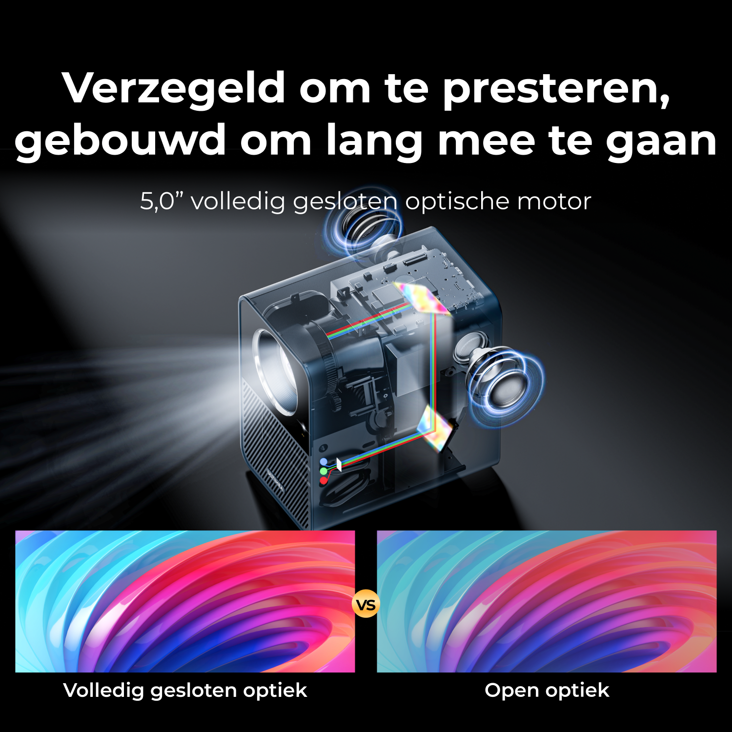 Diagram of a projector showing internal components. Text says: 'Sealed to perform, built to last' and compares closed vs open optics.