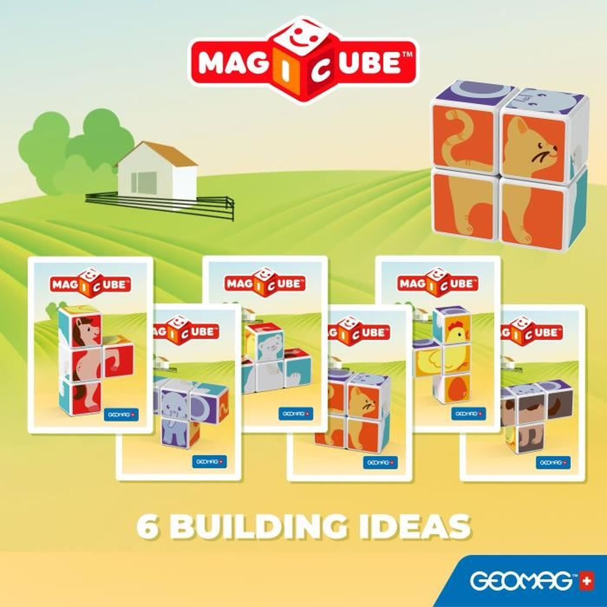 Blocs Magcube avec images d'animaux et idées de construction. Une maison en arrière-plan, sur des collines vertes.
