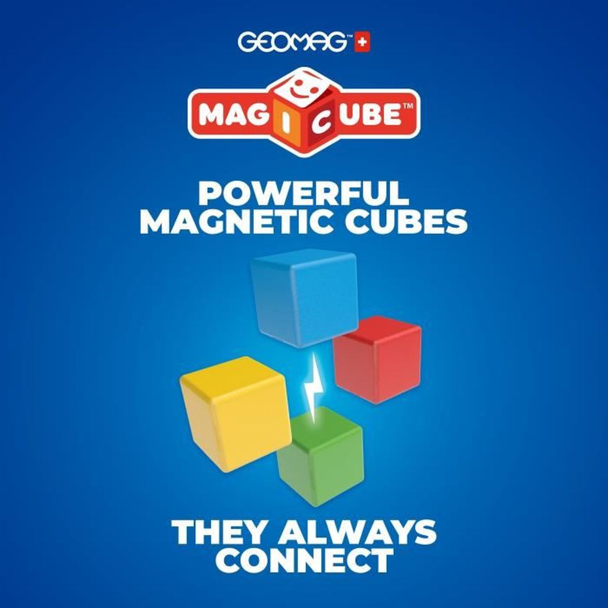 Cubes magnétiques Geomag. Quatre cubes en jaune, vert, rouge et bleu, avec un éclair.
