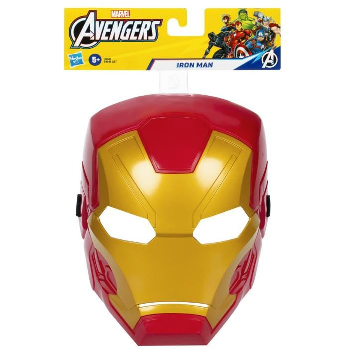 Iron Man Maske, rot und gold, mit Verpackung. Die Verpackung zeigt Iron Man und Avengers.