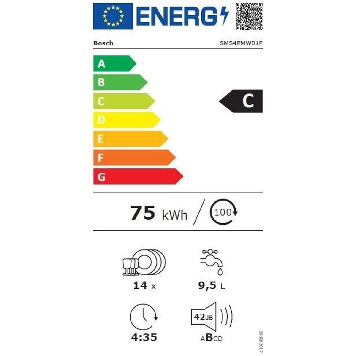 Energielabel voor een Bosch vaatwasser. De vaatwasser is beoordeeld met C. Het toont energie- en waterverbruik.