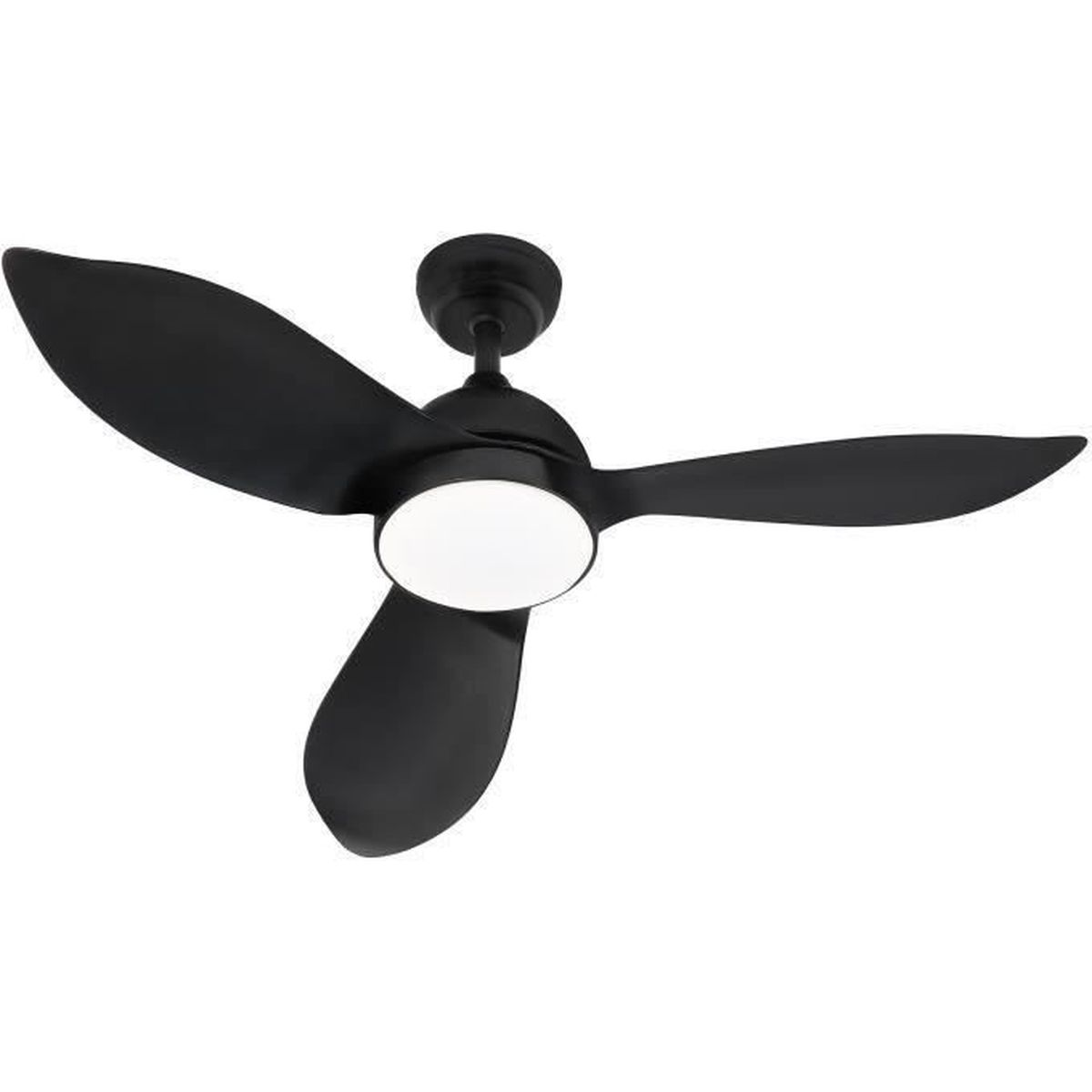 Ventilatore da soffitto nero con tre pale e una luce centrale.