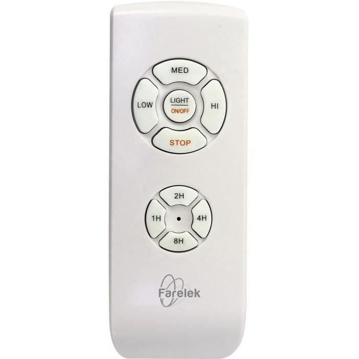 Telecomando per ventilatore a soffitto bianco. Ha pulsanti per velocità e controllo luce.