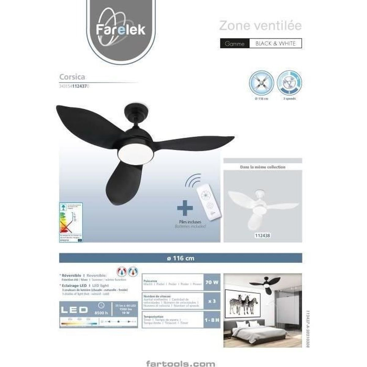 Ventilatore da soffitto con tre pale e un telecomando. Vengono visualizzate informazioni sul ventilatore.
