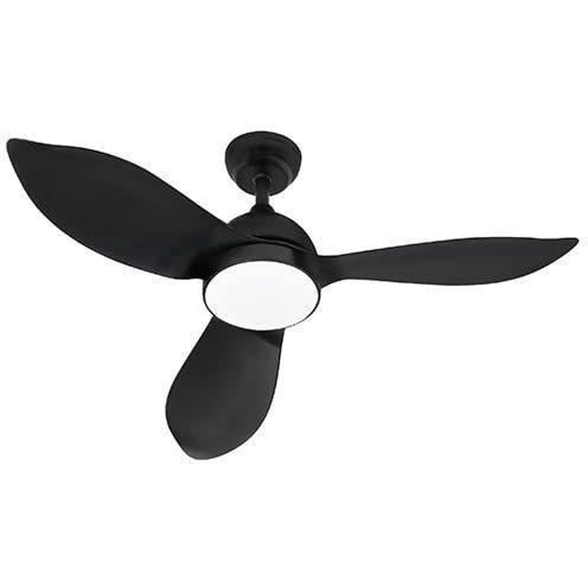 Ventilatore da soffitto nero con tre pale e una luce. È montato sul soffitto.