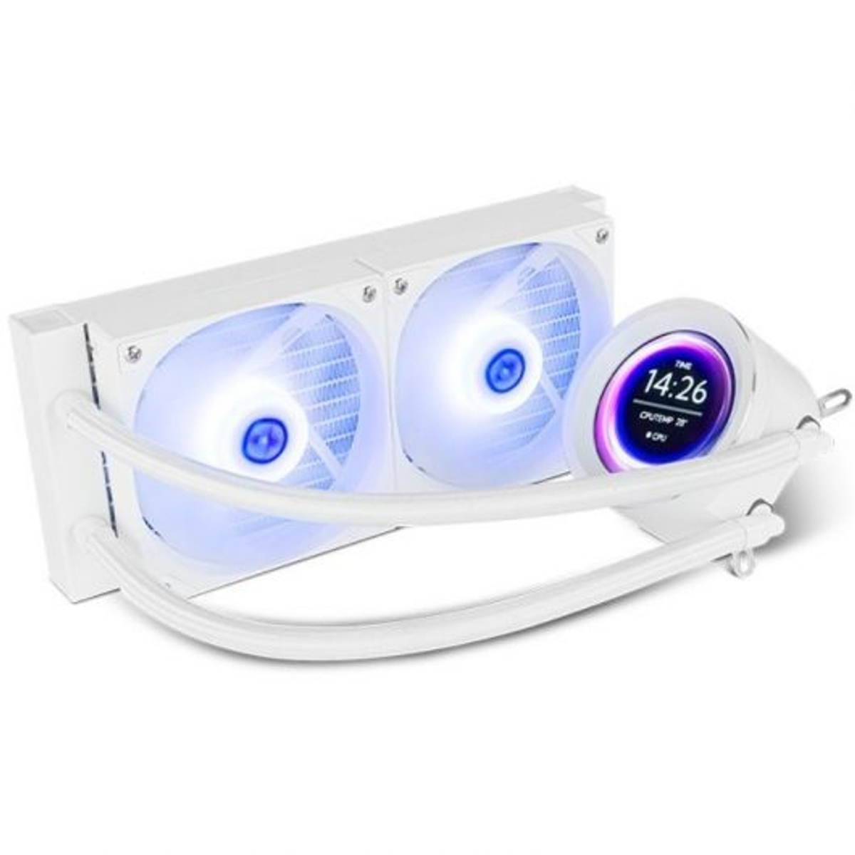 Witte PC-waterkoeler met twee ventilatoren. Ventilatoren hebben blauw licht. Een scherm toont de tijd.