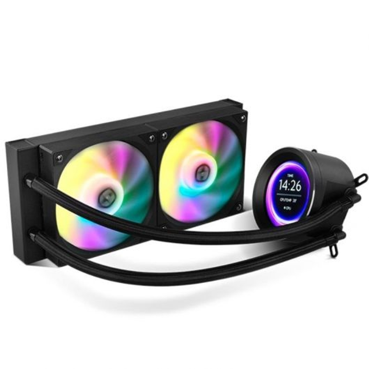 Chłodzenie wodne PC z dwoma wentylatorami. Wentylatory mają efekt tęczy. Ekran wyświetla czas.