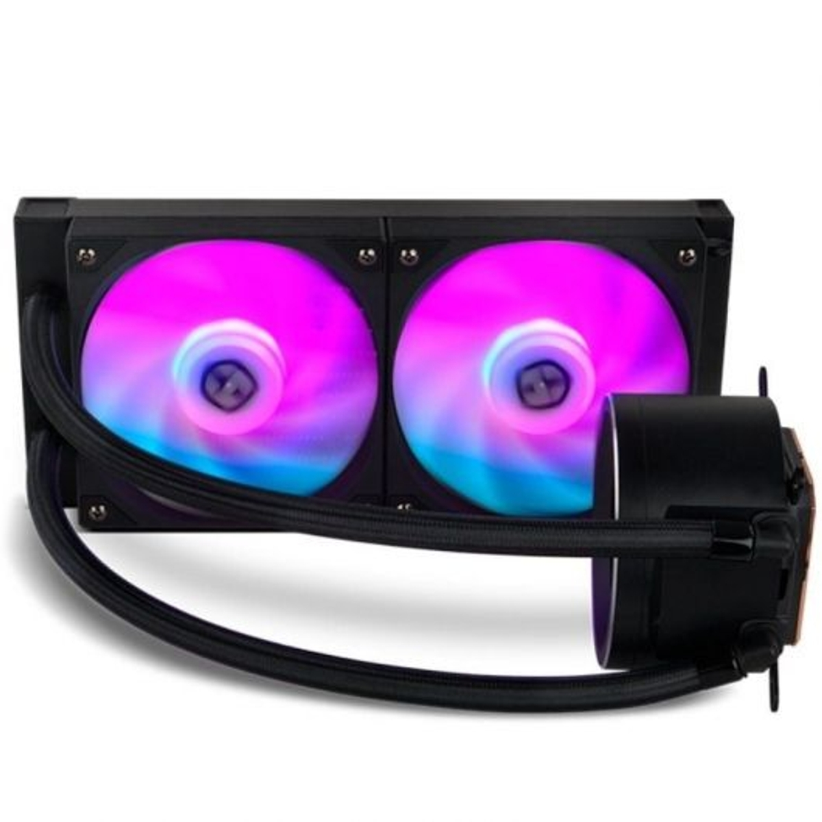 Chłodzenie wodne PC z dwoma wentylatorami. Wentylatory mają fioletowe i niebieskie światło. Ekran wyświetla czas.