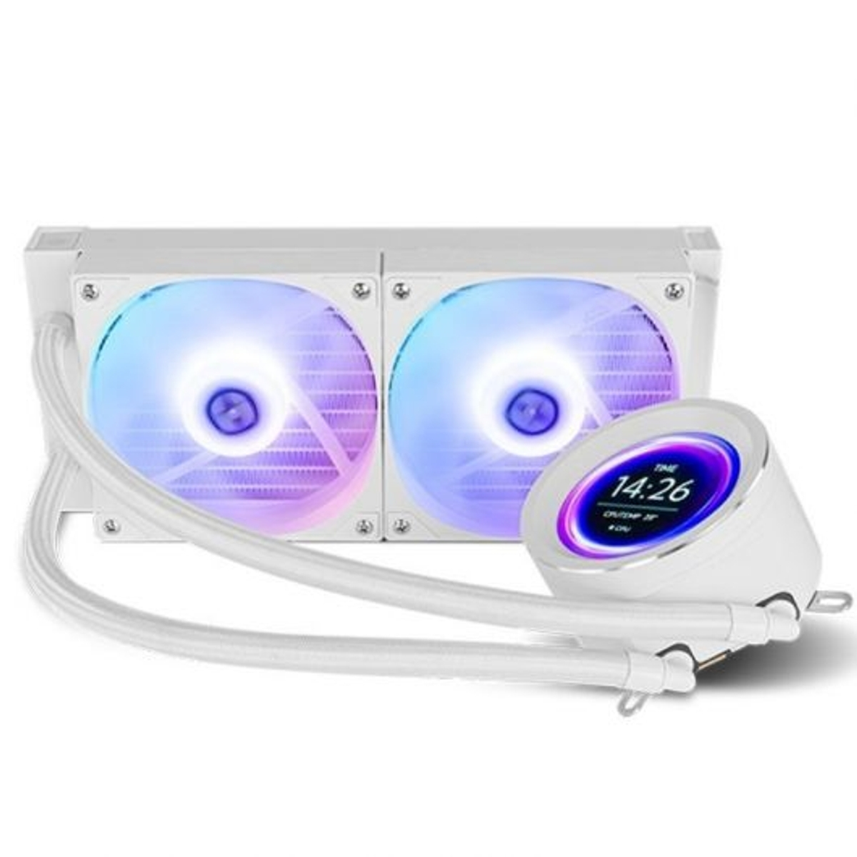 Witte PC-waterkoeler met twee ventilatoren. Ventilatoren hebben blauw licht. Een scherm toont de tijd.