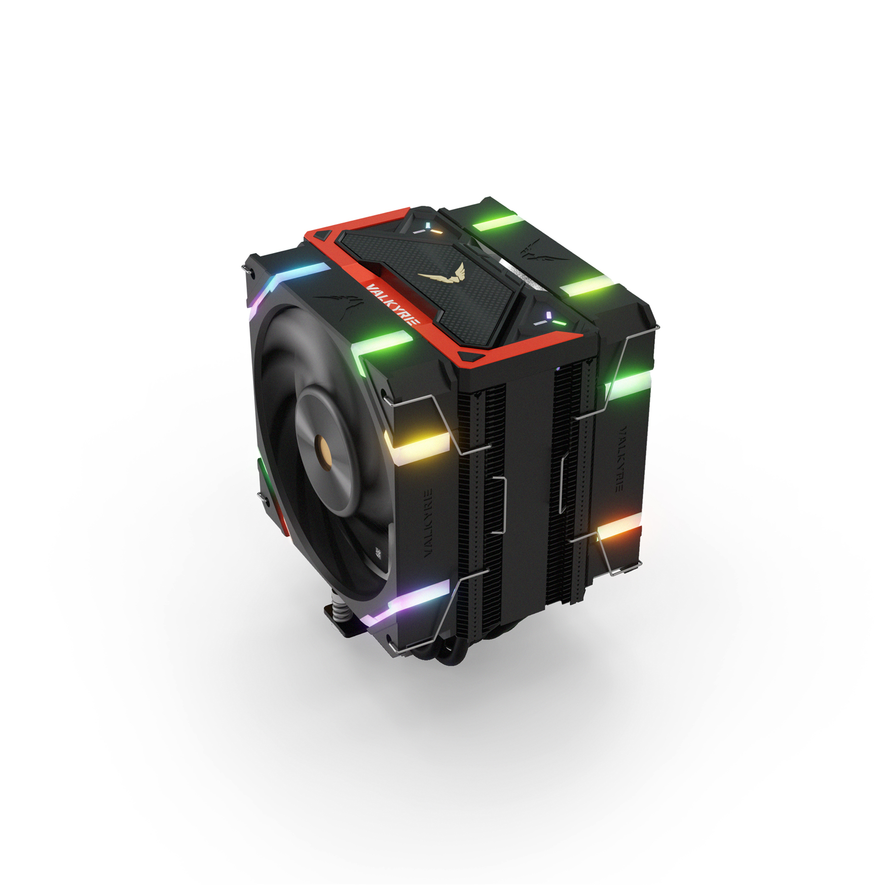 Dissipatore CPU nero con ventola e illuminazione a LED colorata. Accenti rossi e neri. Marchio Valkyrie.