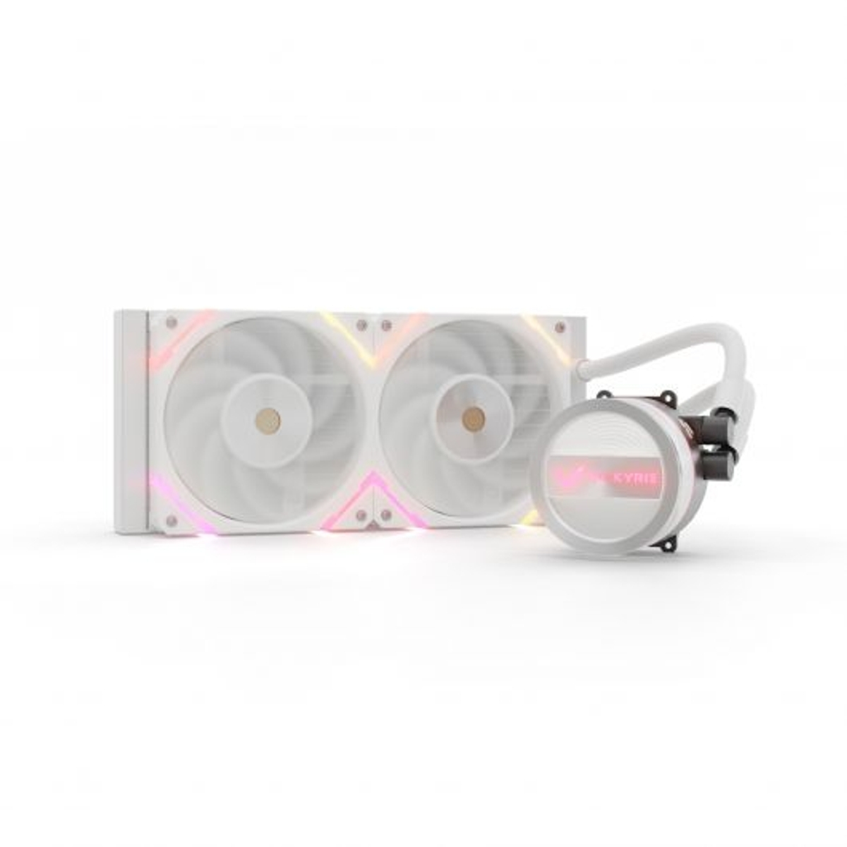 Enfriador líquido de computadora blanco con dos ventiladores y una bomba circular. Tiene iluminación LED colorida.