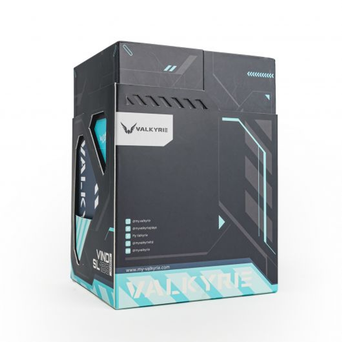 Scatola del dissipatore del computer con marchio. Colori nero e verde acqua, con design. Logo Valkyrie e informazioni di contatto.