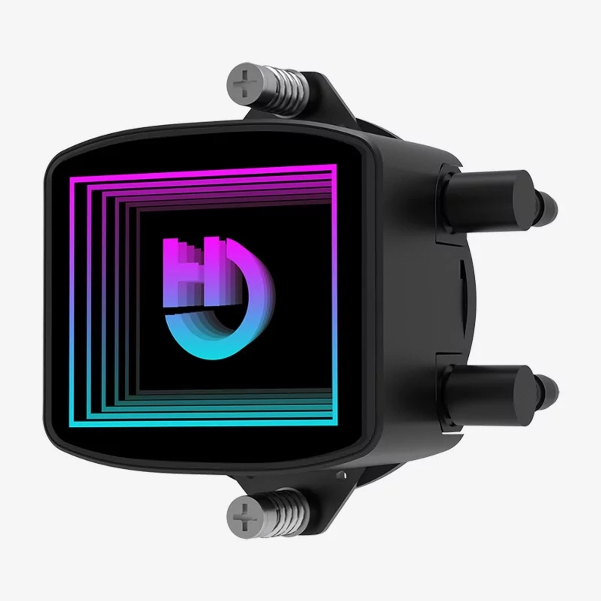Un dissipatore CPU nero con un display quadrato che mostra un design geometrico colorato. Le viti argentate sono visibili.