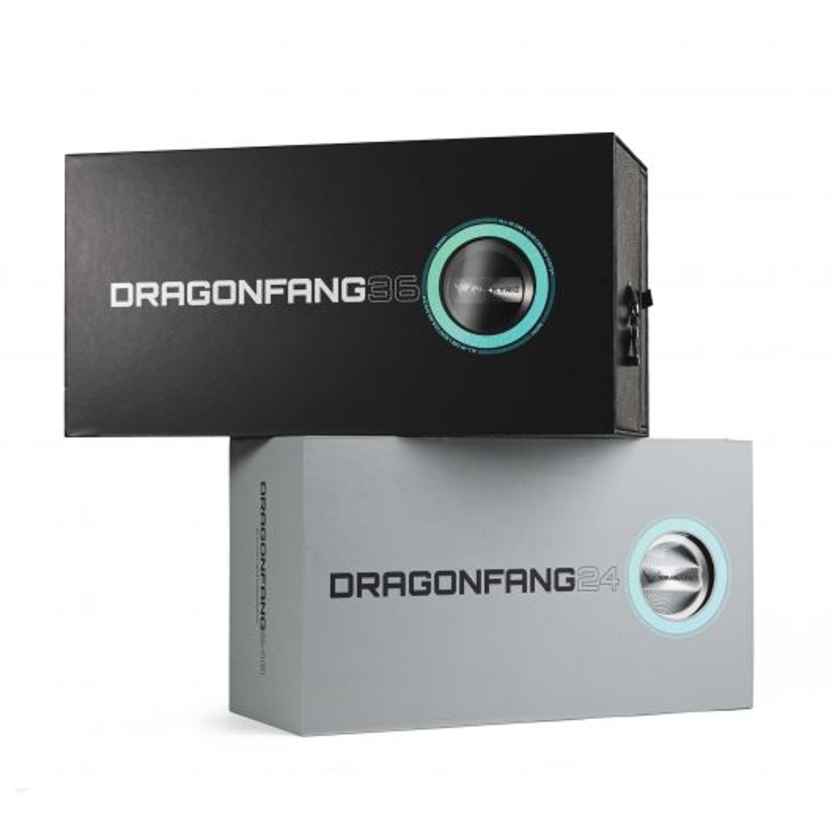 Dos cajas, negra y gris. Caja negra tiene 'Dragonfang36'. Caja gris tiene 'Dragonfang24'.