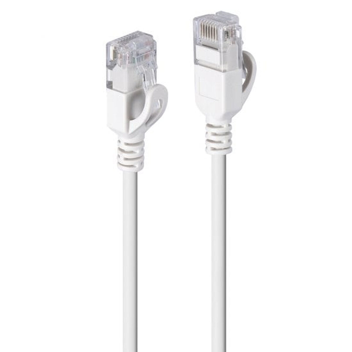 Cavo di rete bianco con connettori trasparenti, isolato su bianco, per connessioni dati.