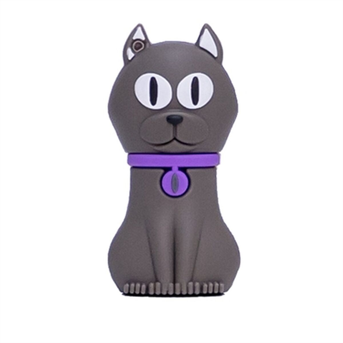 Chiavetta USB grigia a forma di cane con collare viola, su sfondo bianco, vista frontale.