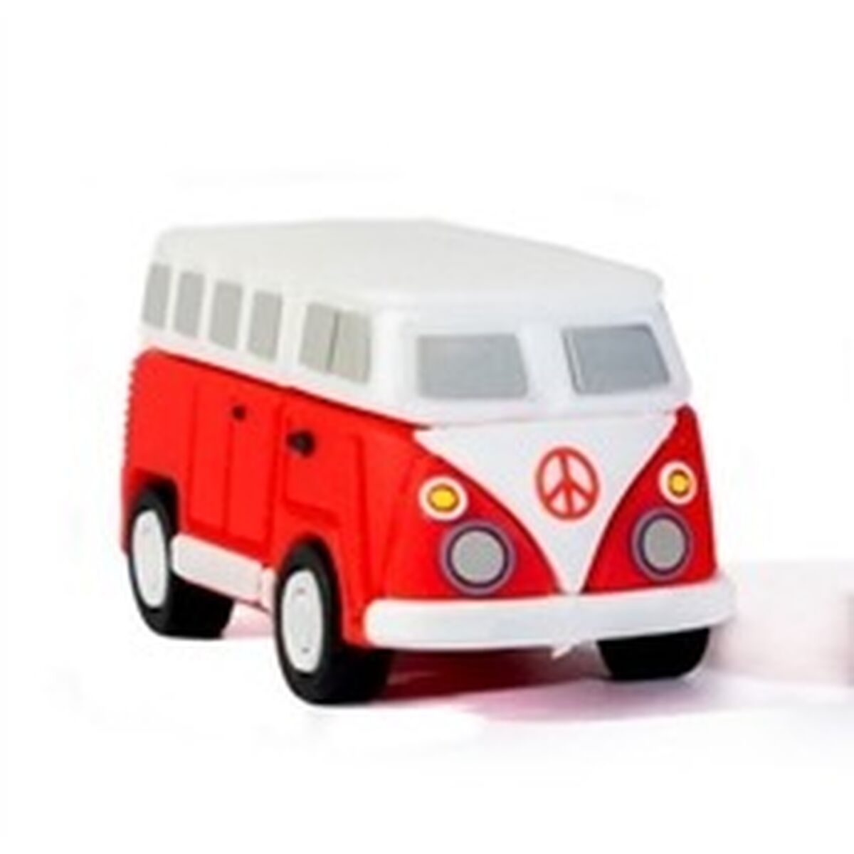 Chiavetta USB a forma di furgoncino VW rosso e bianco, con un simbolo di pace, isolata su bianco.