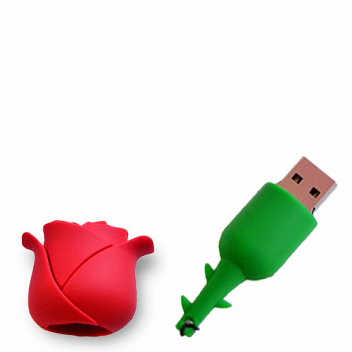 Unità USB a forma di rosa rossa e stelo verde, isolate su bianco, per l'archiviazione dei dati.