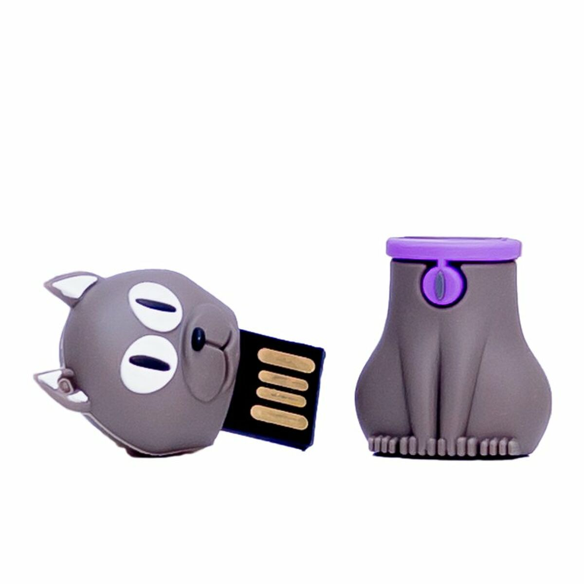Due chiavette USB, una a forma di gatto, l'altra a forma di cilindro con coperchio viola.