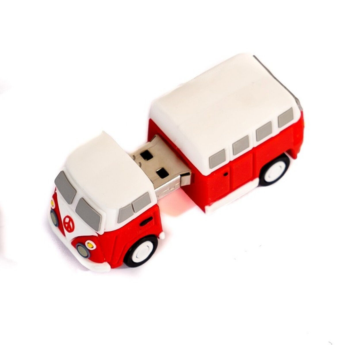 Unità USB a forma di furgoncino VW rosso e bianco, che mostra un simbolo di pace, su una superficie bianca.