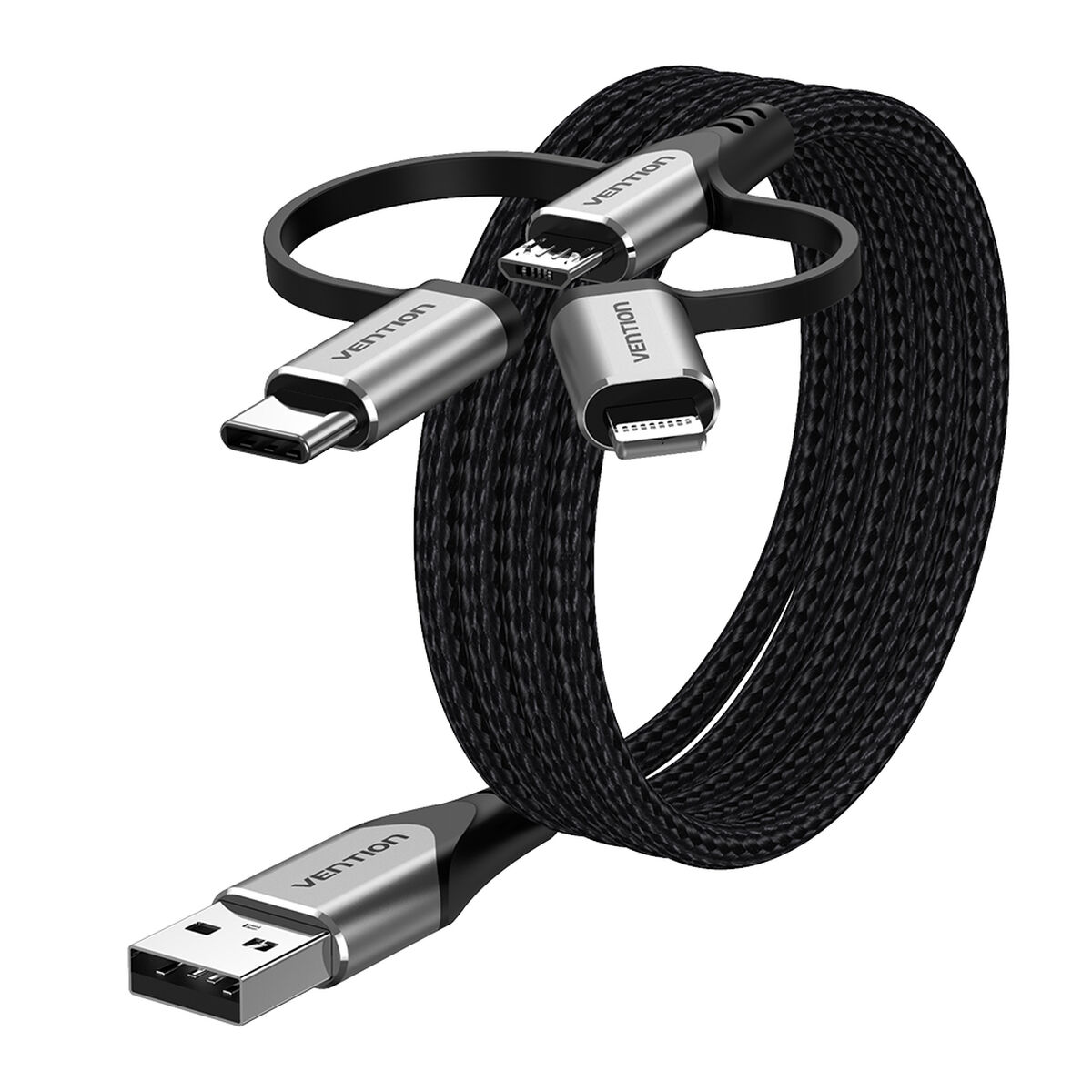 Cavo intrecciato nero con connettori USB, USB-C, Micro USB e Lightning.