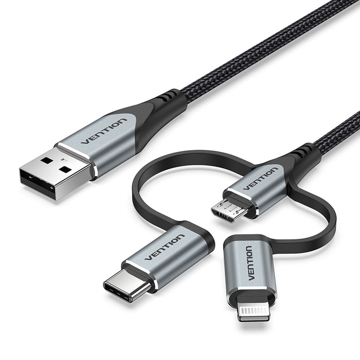 Cavo di ricarica USB con quattro connettori. Schema di colori grigio e nero.