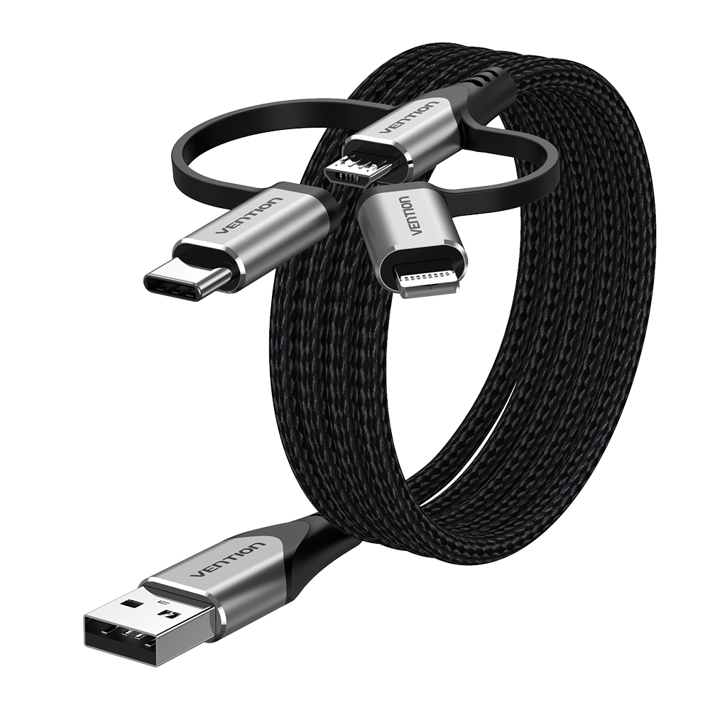 Cavo intrecciato nero con connettori USB, USB-C, Micro USB e Lightning.