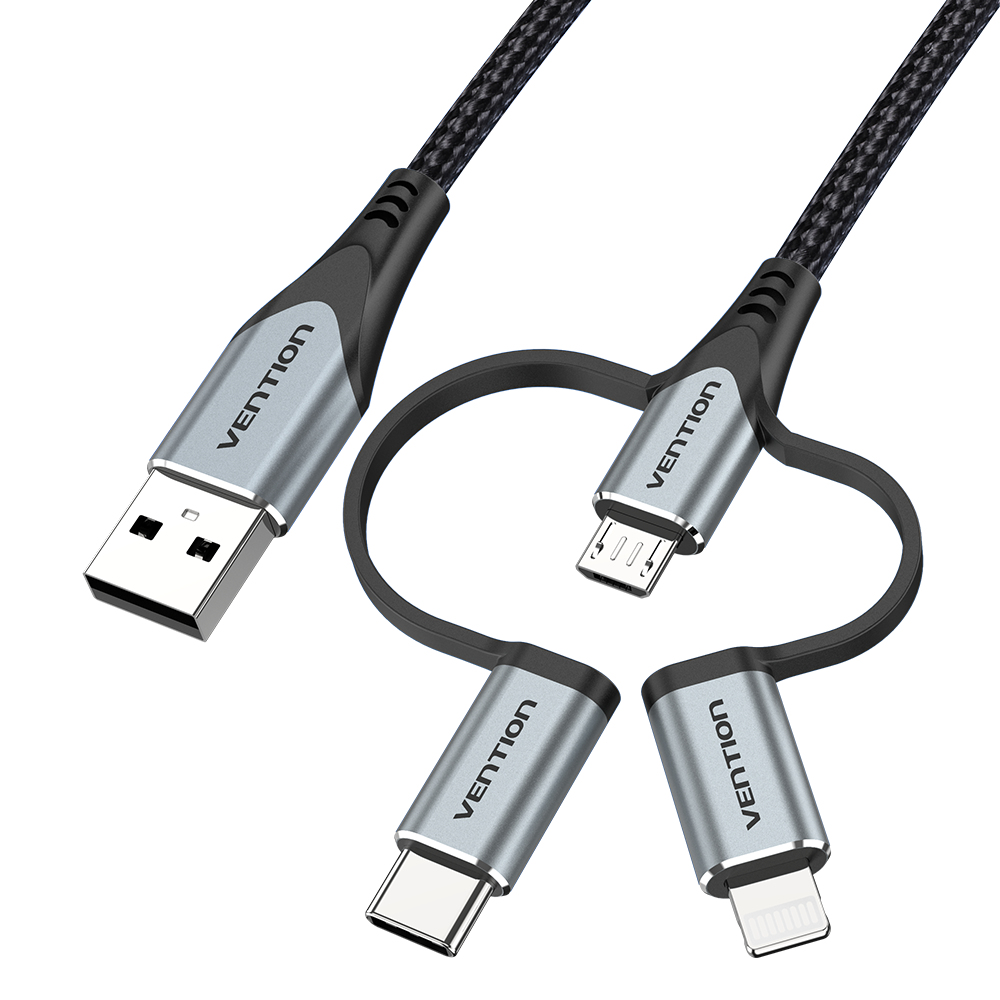 Connettori USB, USB-C, Micro USB e Lightning con dettagli neri e argento.