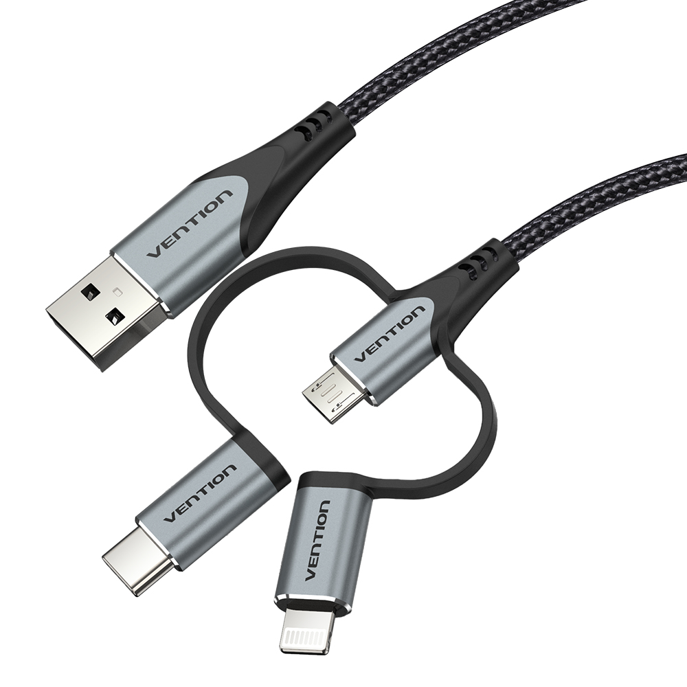 Connettori USB, USB-C, Micro USB e Lightning con dettagli neri e argento.