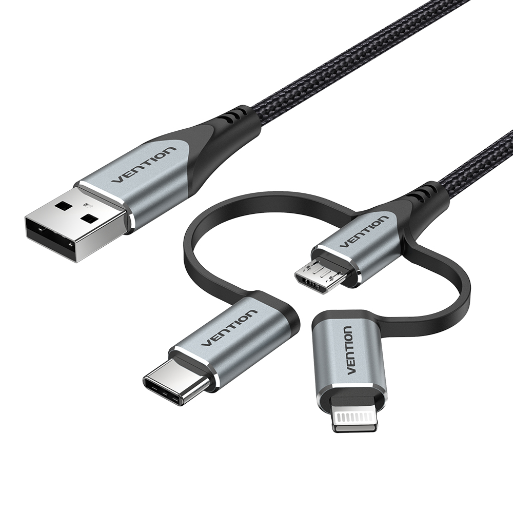 Connettori USB, USB-C, Micro USB e Lightning con dettagli neri e argento.