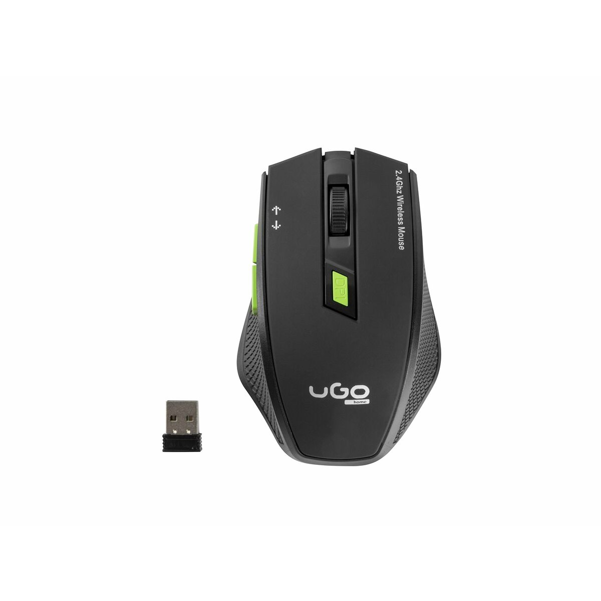 Czarna i szara mysz bezprzewodowa z zielonymi akcentami i odbiornikiem USB.