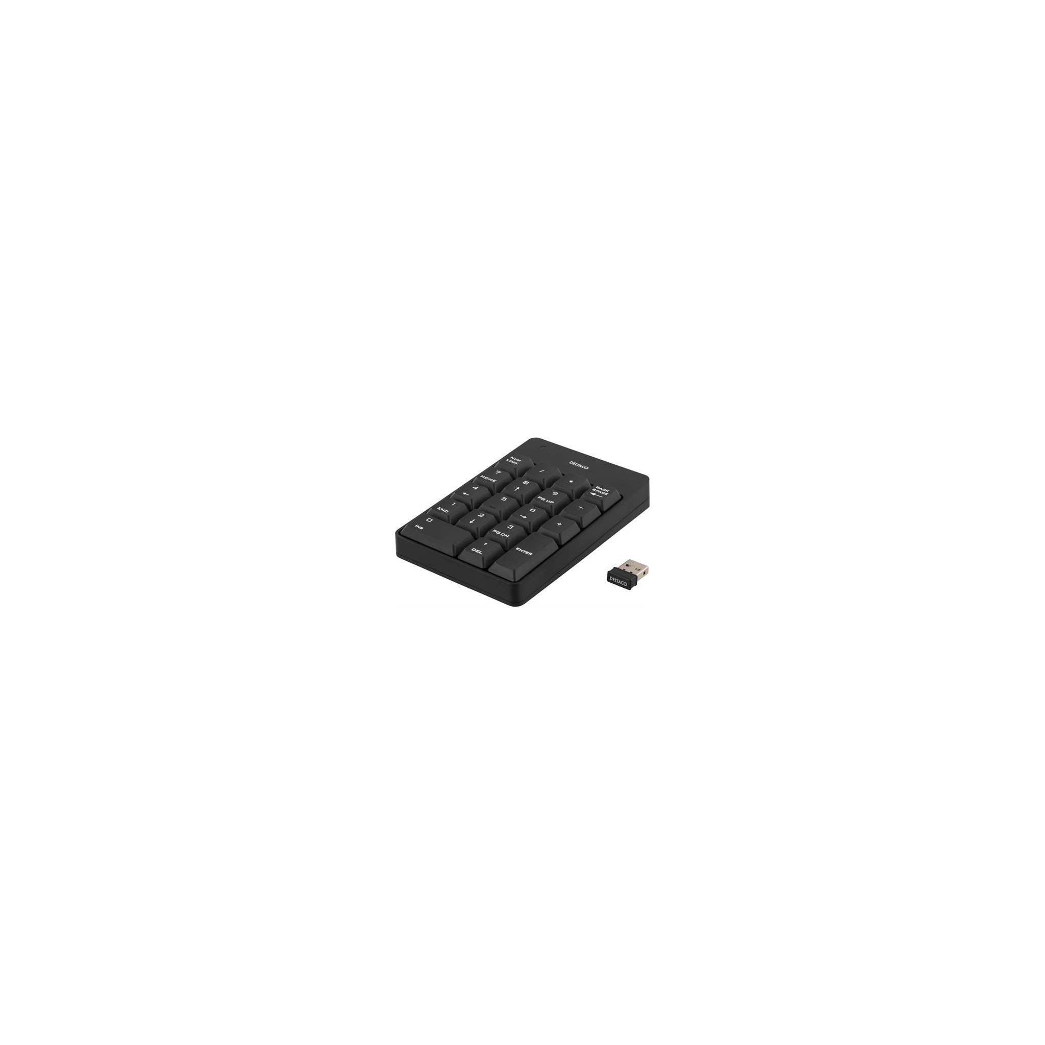 Tastierino numerico nero con ricevitore USB su sfondo bianco.