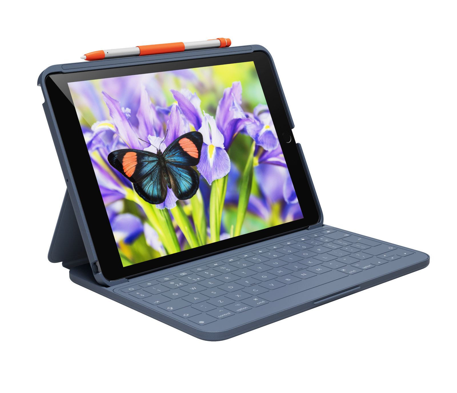 Tablet con tastiera, che mostra farfalla su fiori, e penna.