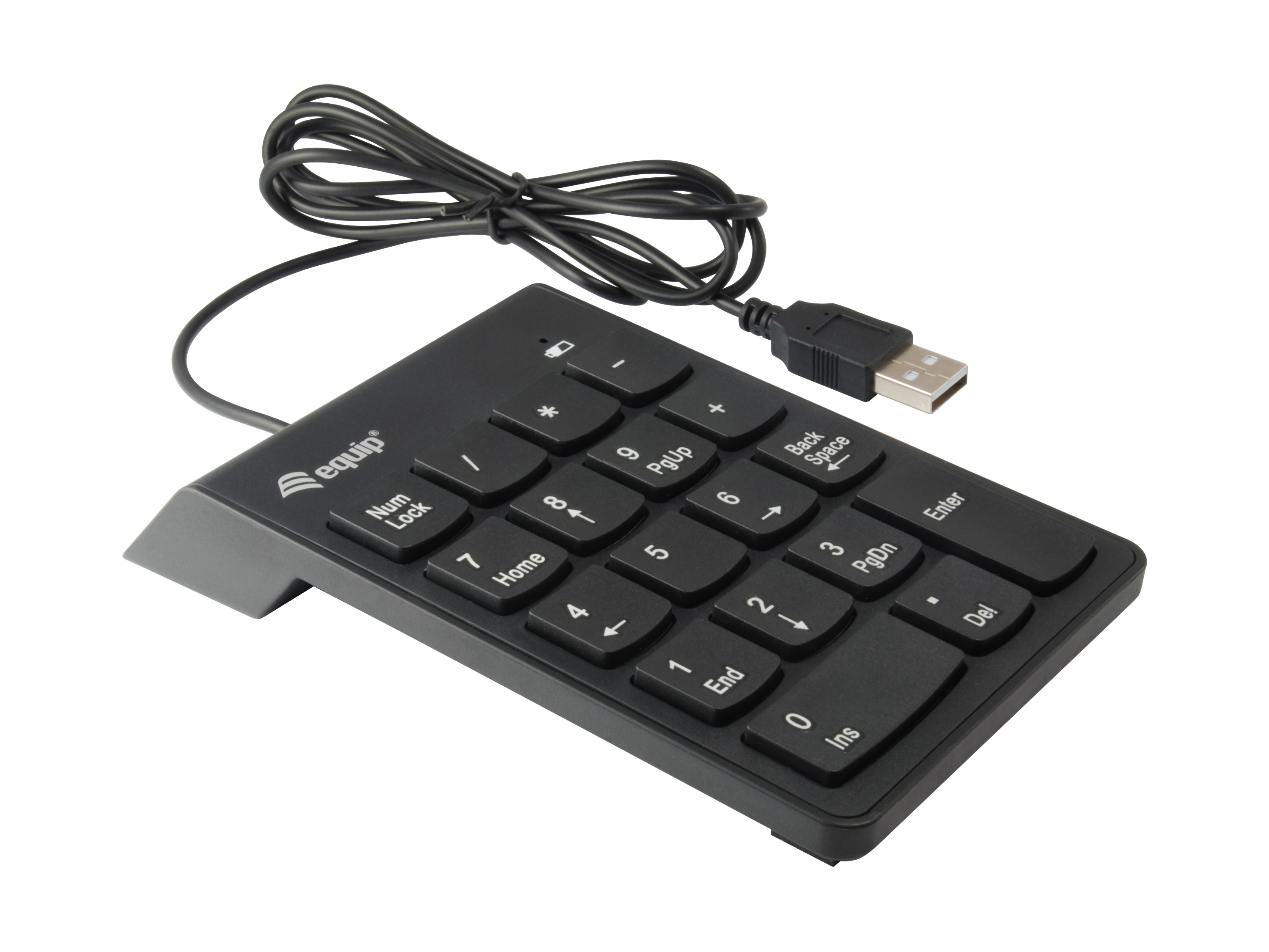 Tastierino numerico nero con connettore USB. La tastiera ha numeri e simboli bianchi e un cavo USB nero.