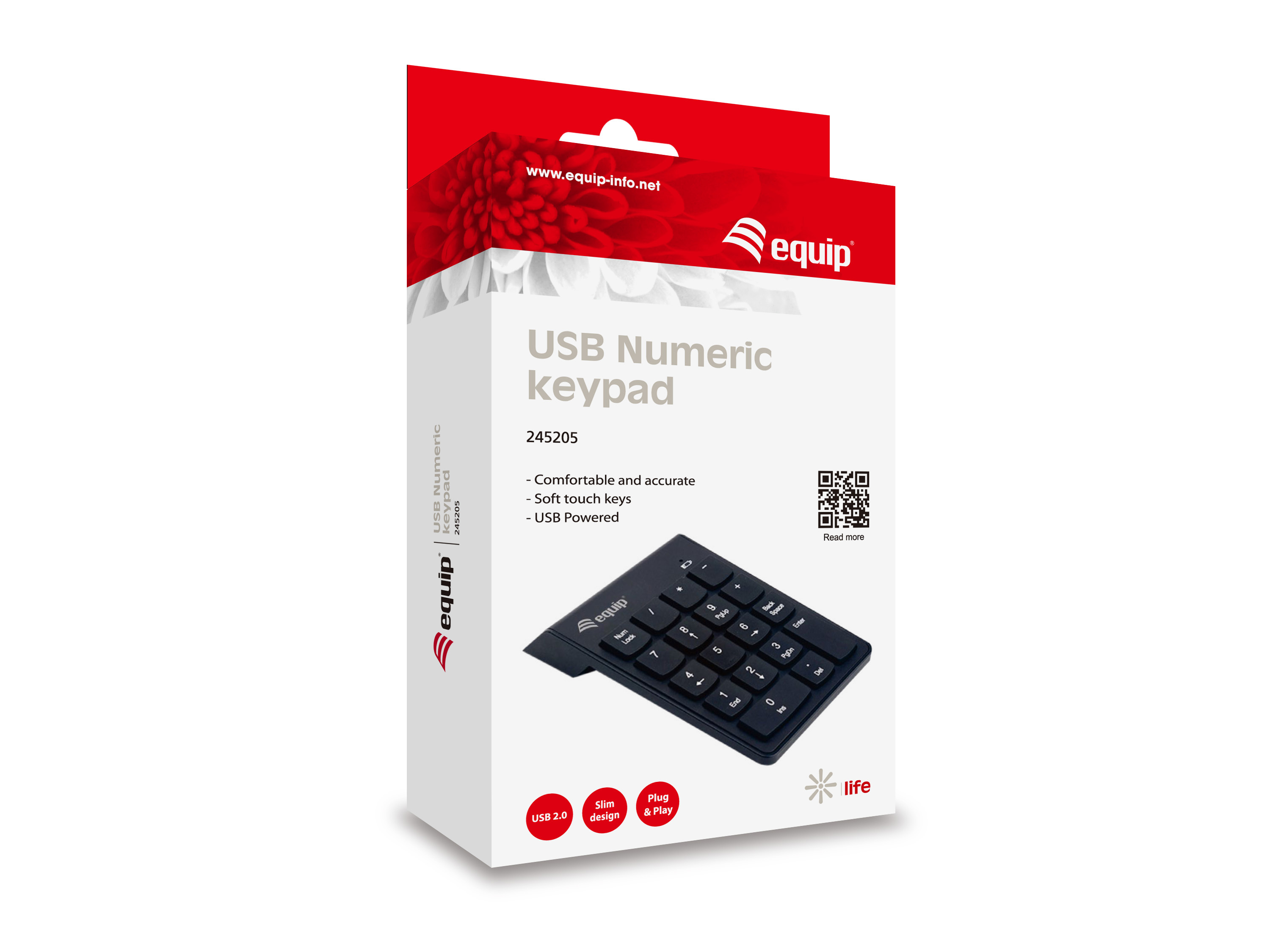 Una scatola con un tastierino numerico nero. La scatola dice Tastierino numerico USB ed equip.