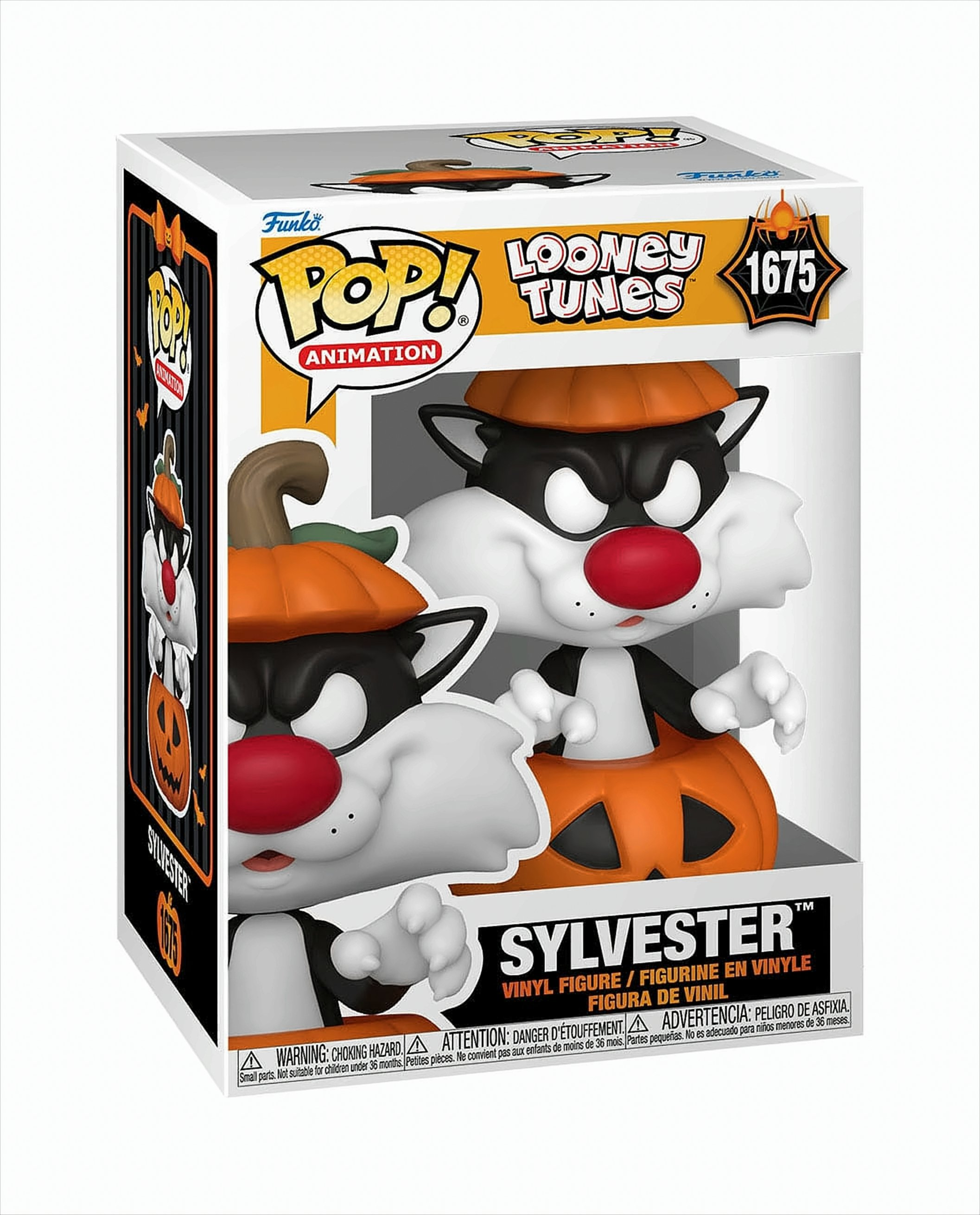 Figura Funko Pop di Silvestro il Gatto in una scatola. Con cappello di zucca, dentro una zucca.