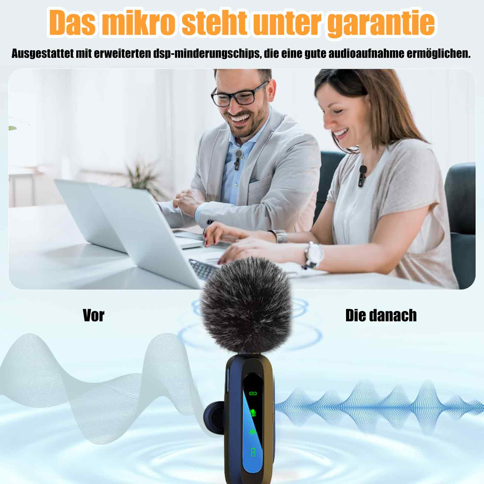 Zwei Personen mit Mikros arbeiten an Laptops. Text-Overlay-Details zur Audioaufnahme.