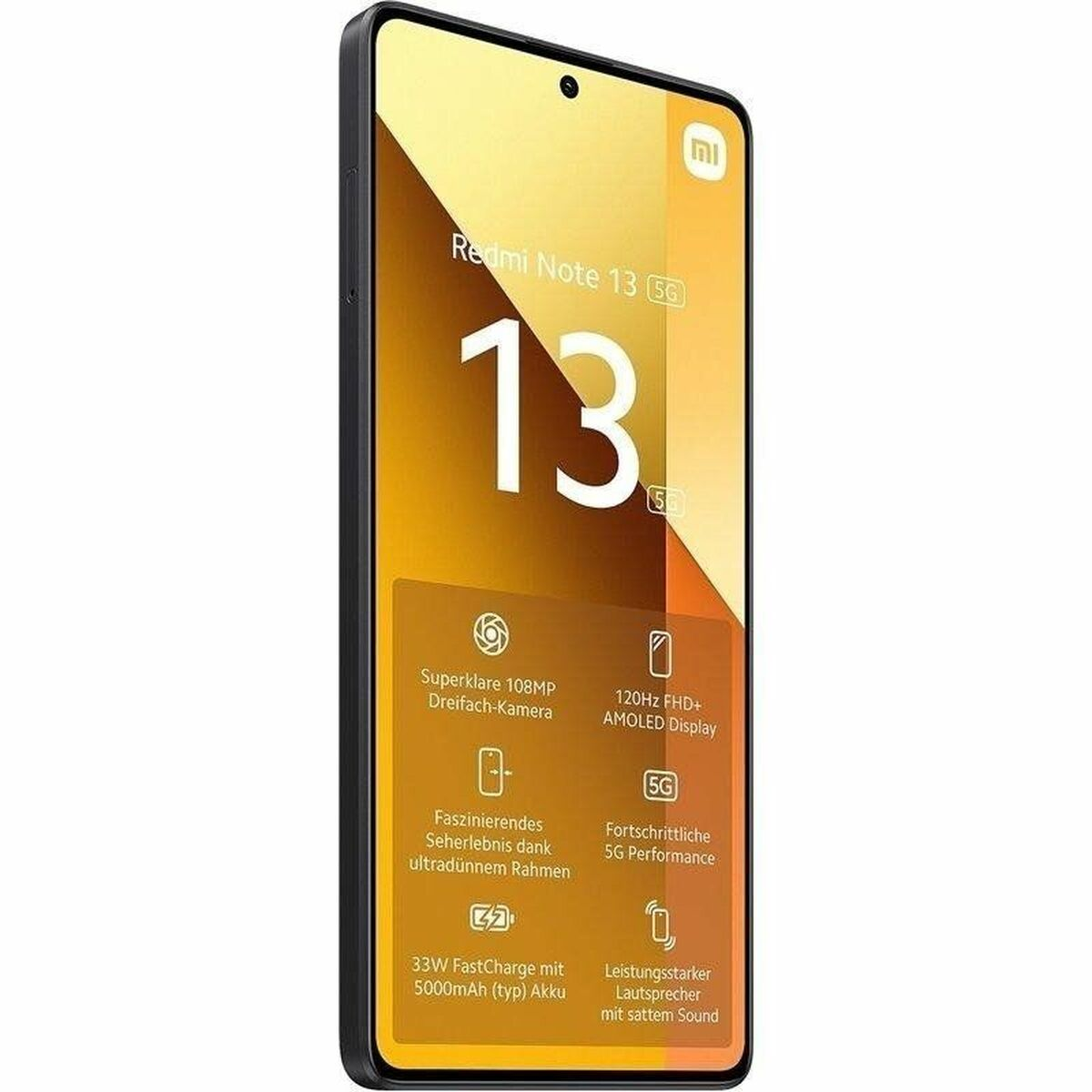 Telefon Redmi Note 13 5G z widocznym ekranem z informacjami o specyfikacjach i funkcjach.