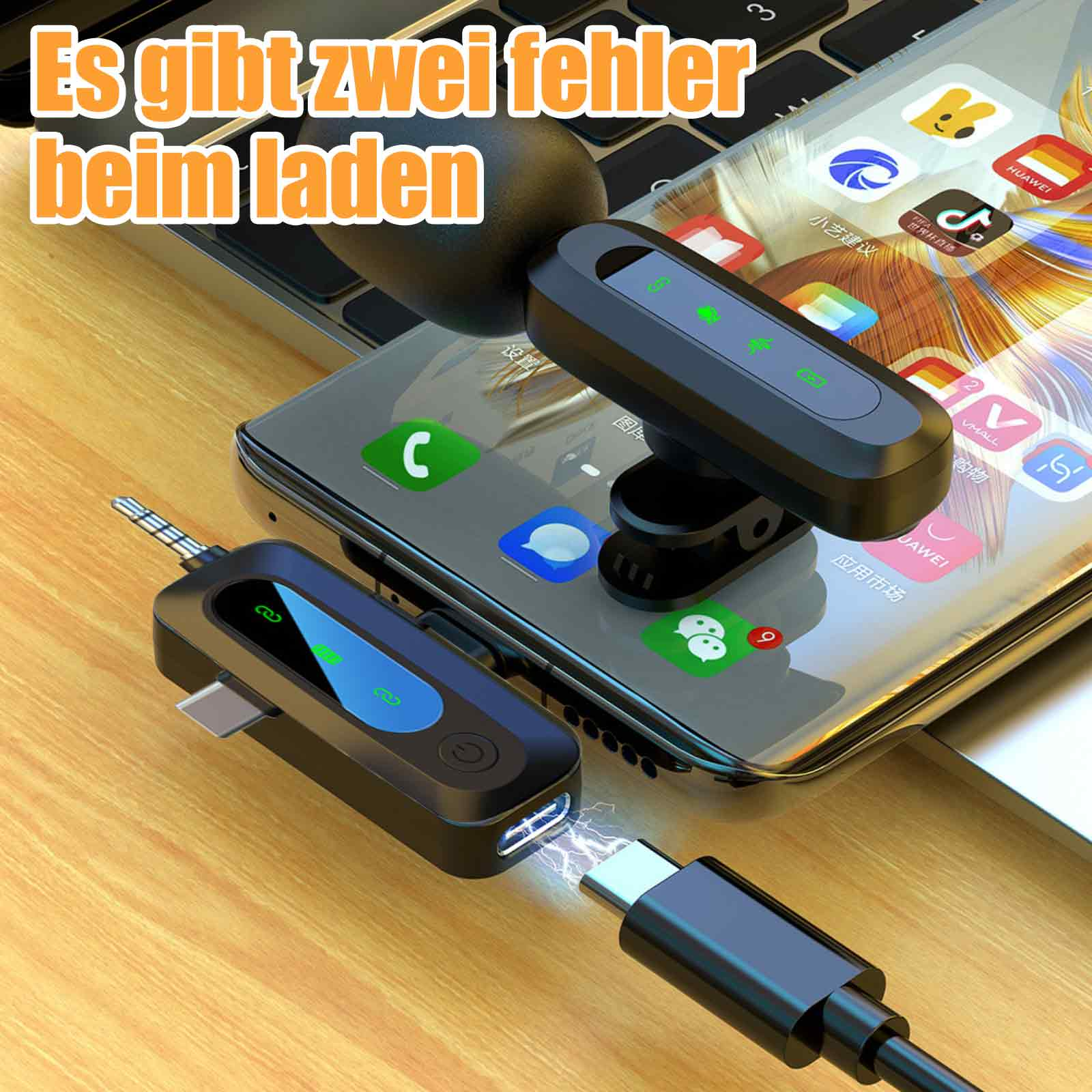 Zwei kabellose Mikrofone, die über ein USB-C-Kabel geladen werden. Der Telefonbildschirm zeigt zwei Fehler beim Laden.