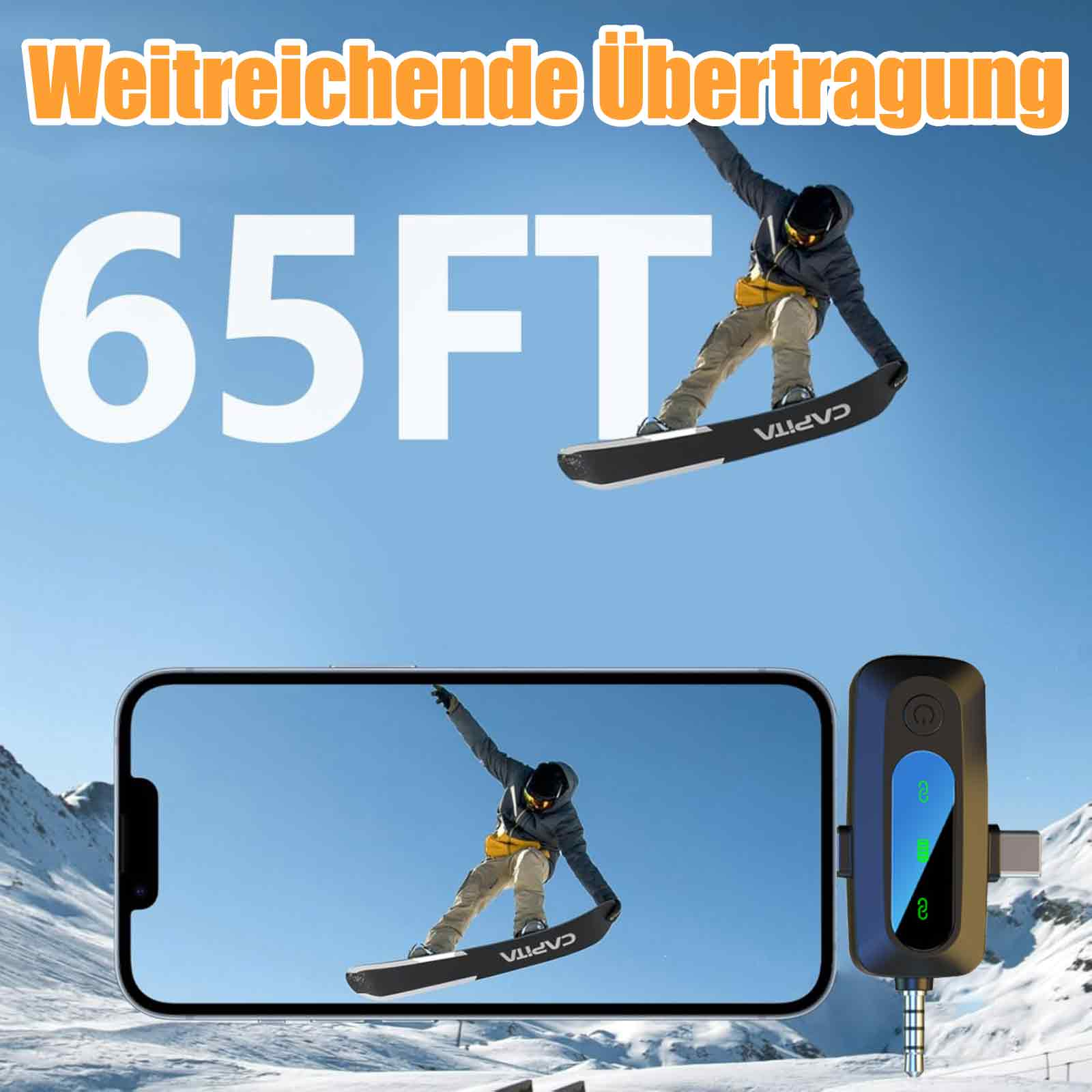 Ein Snowboarder in der Luft und ein Telefon mit demselben Bild. Ein Empfänger mit Kabel ist ebenfalls vorhanden.
