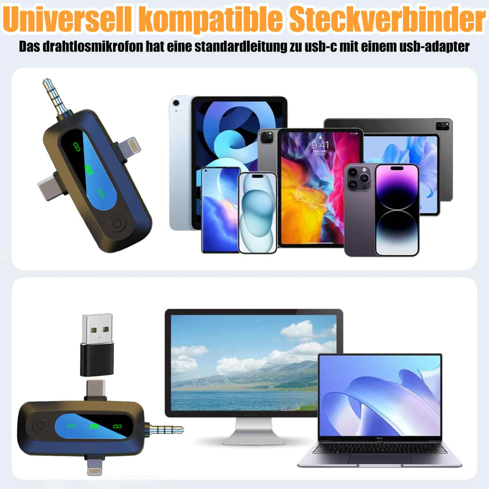 Ein drahtloser Mikrofonadapter wird mit verschiedenen Geräten gezeigt, darunter Telefone, Tablets, ein Computer und ein Monitor.