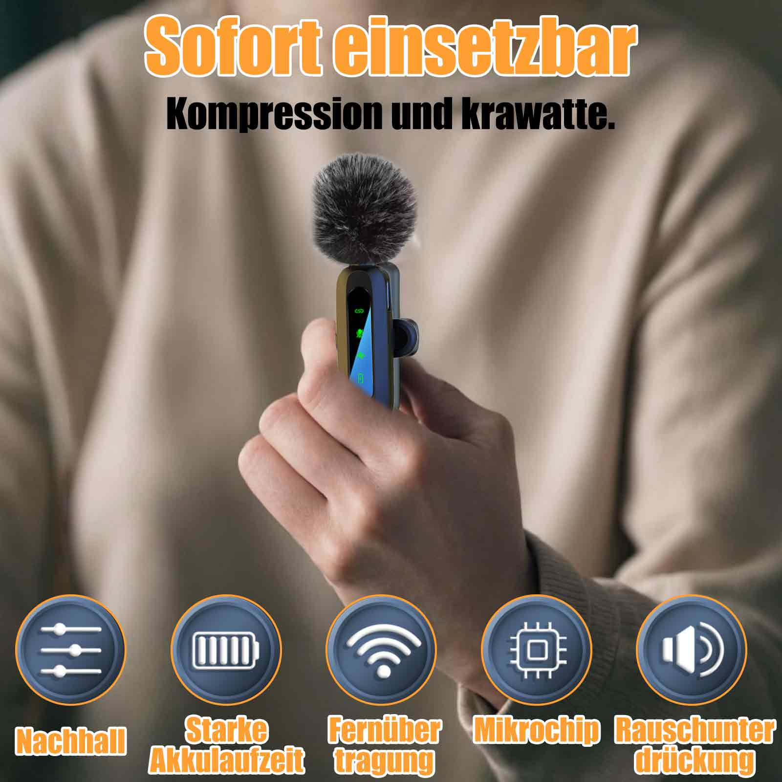 Eine Person hält ein Mikrofon. Symbole für Einstellungen, Akku, WLAN und einen Chip werden angezeigt.