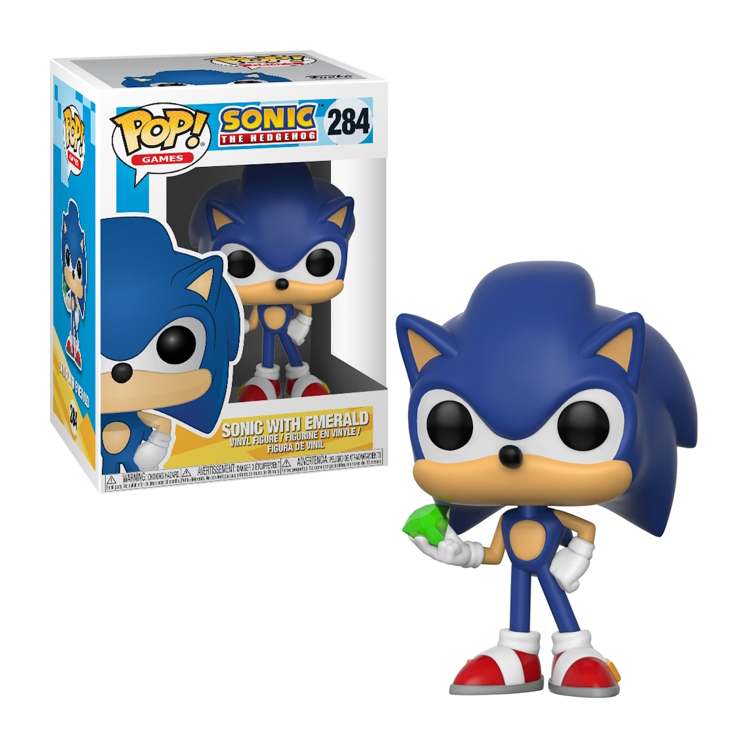 Niebieska figurka Sonica trzymająca szmaragd, z pudełkiem. Sonic stoi.