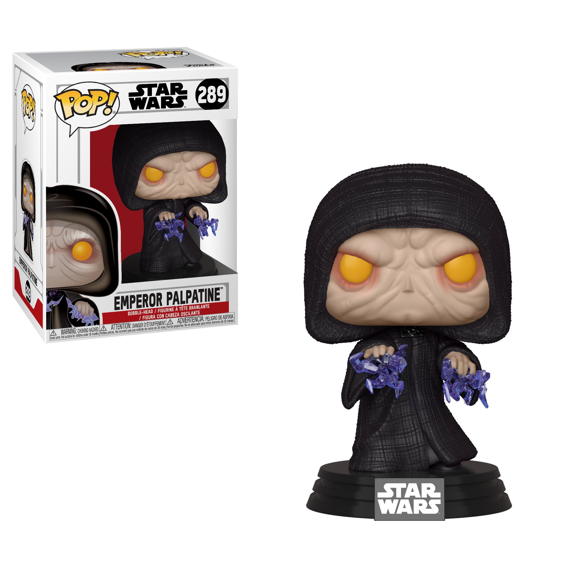 Figura dell'Imperatore Palpatine in una veste nera, con fulmini blu, con una scatola a sinistra.