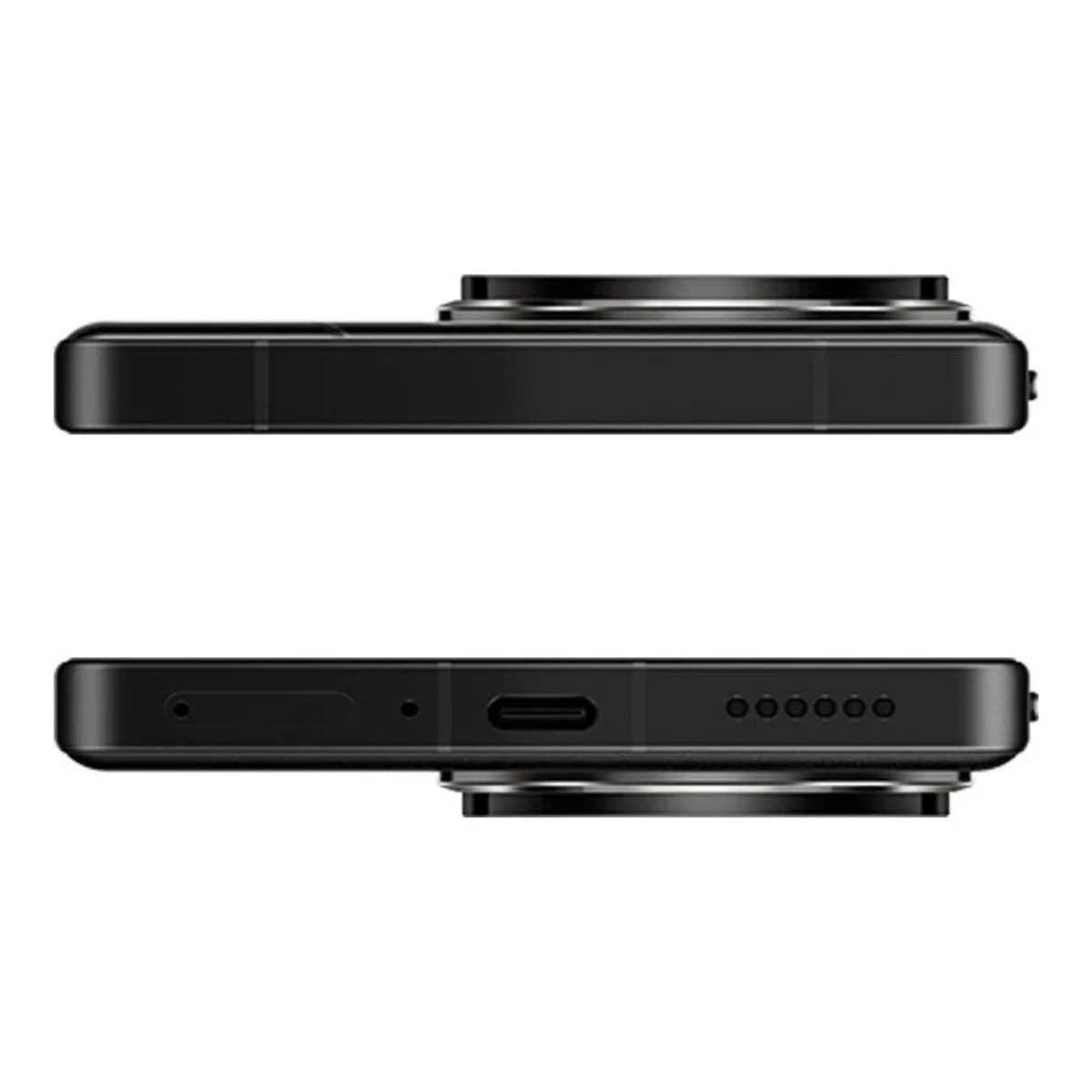 Widoki boczne telefonu. Czarna ramka. Górna strona ma aparaty, dolna porty.