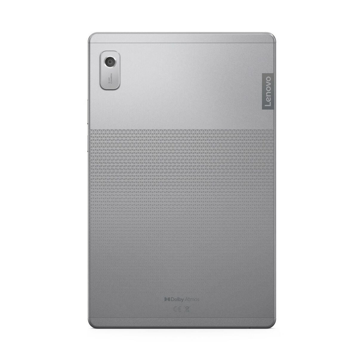 Parte trasera de una tableta plateada con cámara y logo de Lenovo. La parte trasera es gris y texturizada.