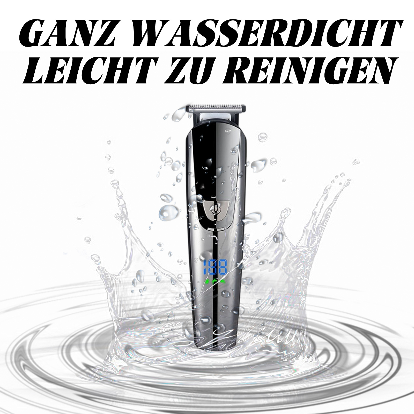 Ein silberner Trimmer mit Wasserspritzern. Der Trimmer hat ein Display.