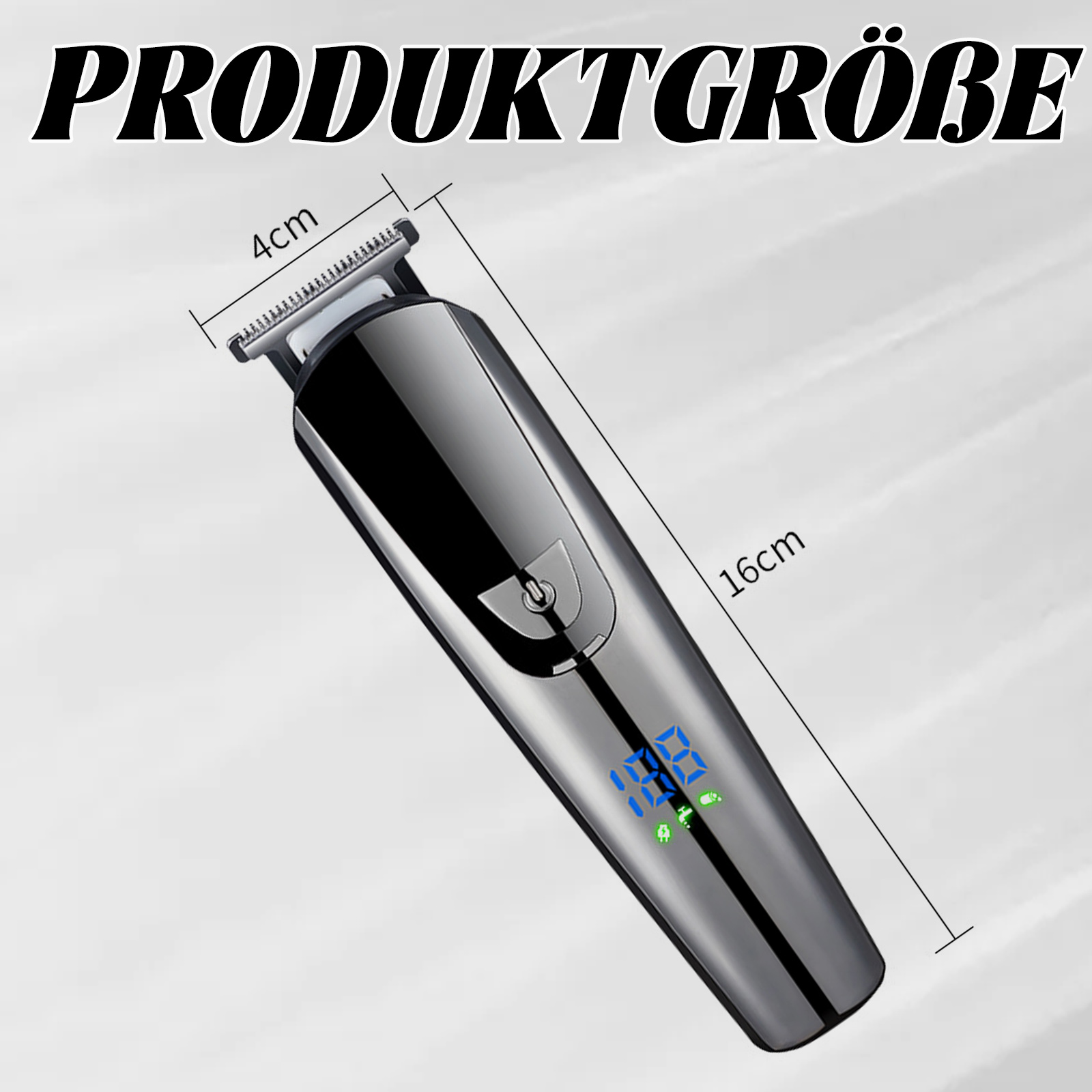 Ein silberner Trimmer mit angezeigten Abmessungen. Der Trimmer hat ein Display.